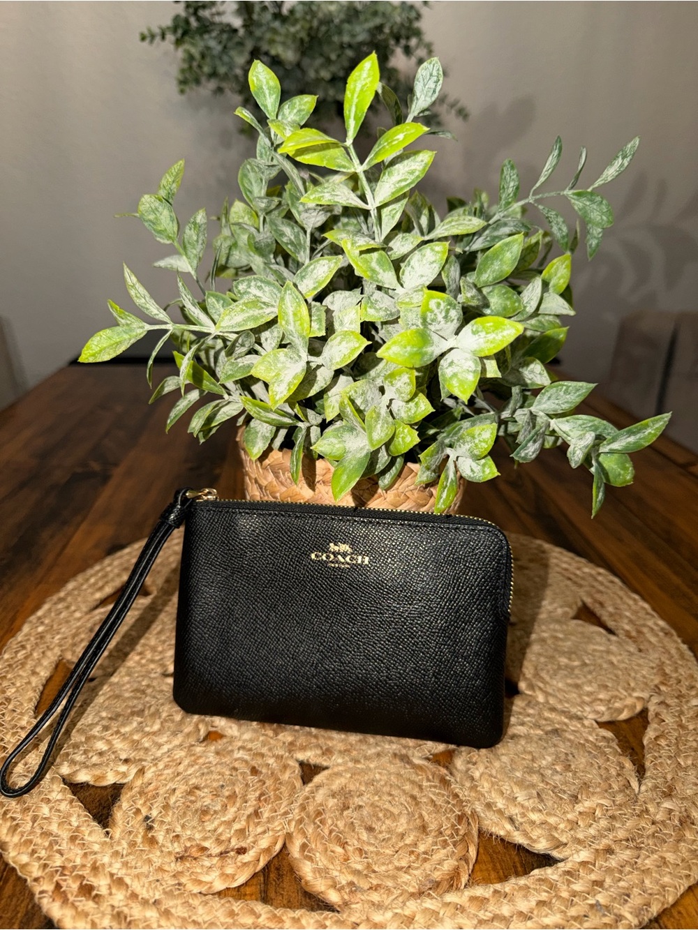 Coach Black Leather Wristlet with Gold Hardware